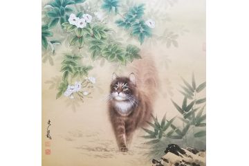 卧室装饰画 王文波斗方动物画 猫趣图《穷款》
