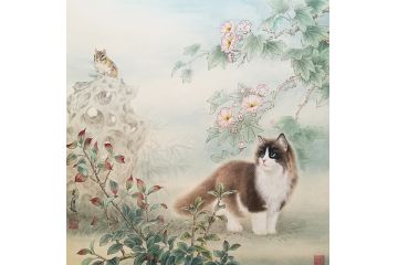 斗方画 卧室装饰画 王文波动物画 猫趣图《穷款》