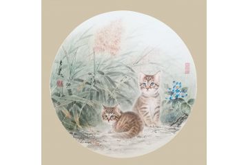 客厅挂画动物图 猫作品斗方图 王文波《穷款》