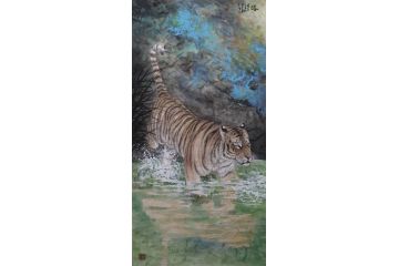 玄关走廊装饰画 李大伟四尺竖幅 动物画老虎图《浴》