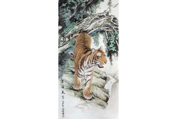 玄关装饰画 四尺竖幅布永杰 写意动物画《君临天下》