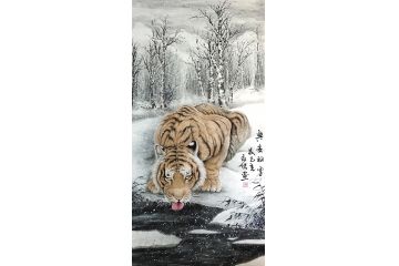 玄关装饰画 布永杰四尺竖幅动物画 虎《兴安初雪》