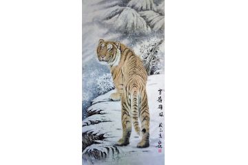 办公室挂画 布永杰四尺竖幅动物画《雪岭雄风》