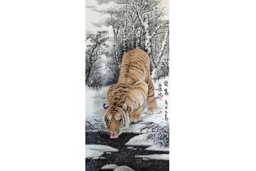 玄关挂画 布永杰四尺竖幅动物画《饮泉》