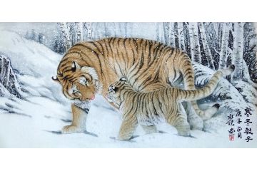 客厅装饰挂画 布永杰动物画 四尺横幅《寒冬教子》