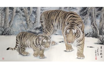 客厅装饰挂画 布永杰动物画老虎图《寒冬教子》