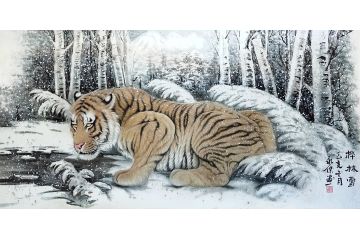 客厅装饰挂画 布永杰动物画 老虎图《华林雪》
