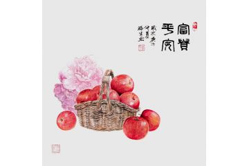 果蔬斗方画 李福生牡丹苹果图《富贵平安》