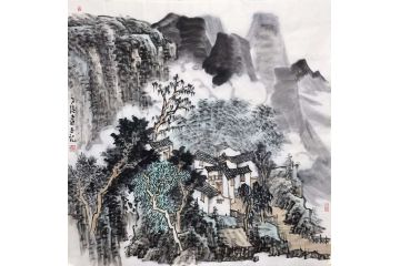 方强新品力作国画斗方山水画《水云山庄》