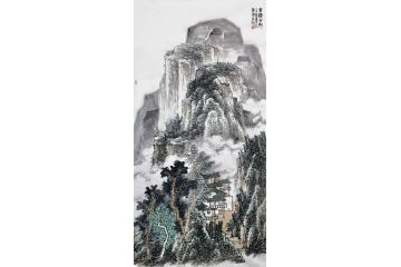 方强国画创作新品四尺竖幅山水画《雾锁山乡》