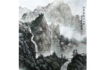 张景芳国画山水画斗方《千寻瀑布下山村》