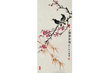 霍继英三尺竖幅花鸟画《相依相偎》