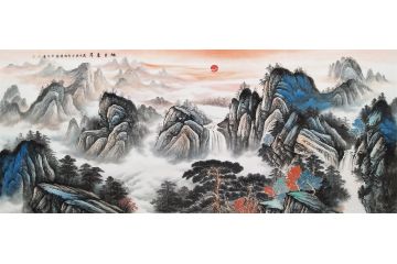李国胜国画新品创作八尺横幅山水画《旭日东升》