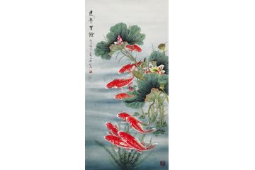 工笔重彩传人王一容手绘荷花九鱼图《连年有余》