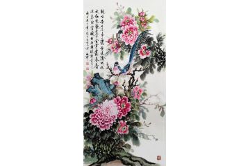 石开写意花鸟画国画牡丹《桃时杏日不争浓，叶帐阴成始放红》