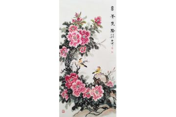 国画牡丹 石开写意花鸟画《富贵双骄》