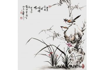 客厅挂画 闫永新佳作斗方荷花图《幽兰文雅珍禽择捿》