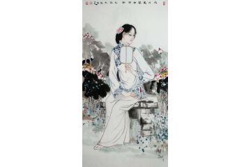 张思俭工笔人物画《六月芙蓉香满塘》