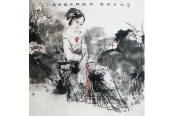 新品工笔人物 张思俭国画人物《六月荷风》