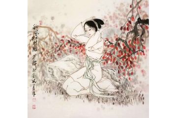美女画 张思俭工笔人物《秋风红叶图》