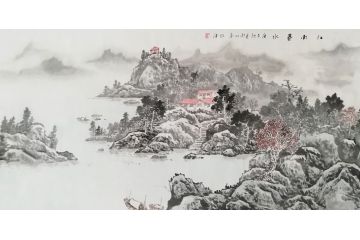 王绍德四尺横幅写意山水画《江南春水》