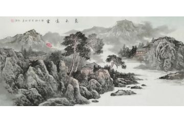 王绍德四尺横幅写意山水画《气色凌云》