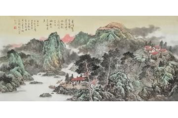 王绍德四尺横幅写意山水画《清风碧水》