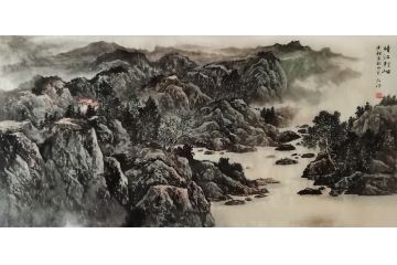 王绍德四尺横幅写意山水画《晴江列岫》