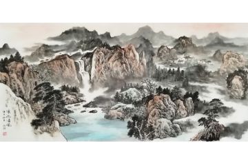 王绍德四尺横幅写意山水画《溪流清风》