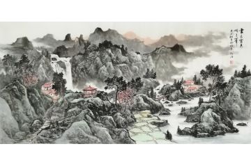 王绍德四尺横幅写意山水画《云去云来岭上峰》