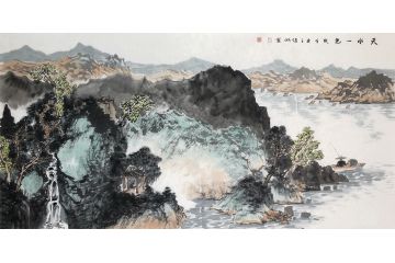 精品国画山水 李俊柯四尺横幅山水画《天水一色》