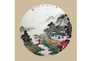 王应杰斗方青绿山水画《春山访友》