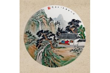 王应杰斗方青绿山水画《西山听泉》