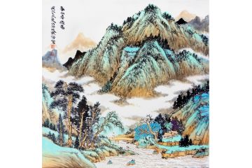 中美协会员马治富青绿山水画《春山寻幽图》