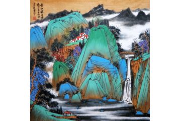 中美协会员马治富青绿山水画《青山锁白云》