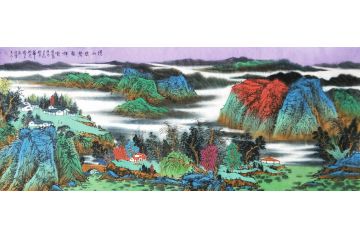 名家精品字画 中美协会员马治富青绿山水画《清山泉声聚祥云》