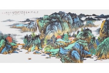 中美协会员马治富青绿山水画《清溪润白云》
