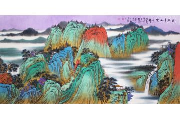 名家精品字画 中美协会员马治富青绿山水画《泉落青山云自舞》