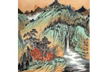 名家精品字画 中美协会员马治富青绿山水画《水长土乡图》