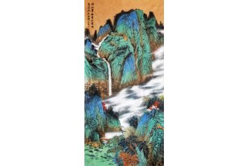 名家精品字画 中美协会员马治富青绿山水画《溪山翠柏寻佳客》