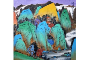 中美协会员马治富青绿山水画《溪山清韵》
