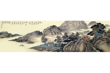 霖青精品仿古山水画《碧水无波映青峰》