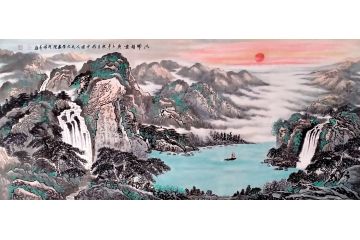 现代实力派画家黄成峰六尺横幅山水画《水乡晴云》