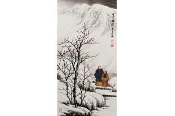 吴大恺国画创作小尺寸雪景山水画《雪中论禅》