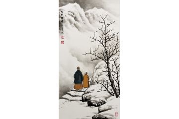 精致小画 吴大恺雪景小尺寸山水画《雪中悟禅》