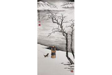 室内小品画 吴大恺国画创作小尺寸雪景《穷款》