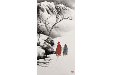 吴大恺精心创作国画小尺寸雪景《踏雪寻幽》