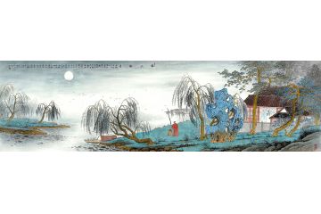 当代著名山水画家黄开丛仿古山水画《春江柳月》