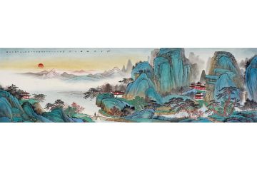 著名画家黄开丛精品仿古山水画《旭日映秋 楼台烟翠》