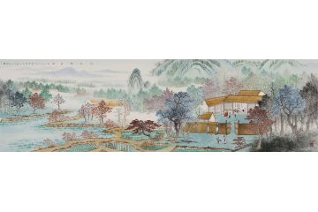 当代著名山水画家黄开丛仿古山水画《田园雅居图》